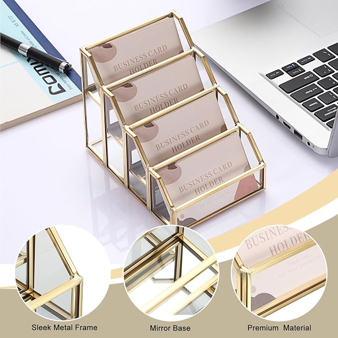 Hipiwe 4 Slots Glass Business Card Holder for Desktop, Gold Mirrored Business Card Display Stand, Multiple Clear Business Name Card Organizer Holder for Office Exhibition