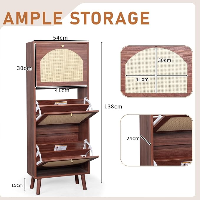 Karl home Brown Rattan Shoe Cabinet, 3-Tilt-Out Entryway Storage Organizer | Hidden Shoe Rack with 3 Tilt-Out Compartments for Heels, Slippers and Casual Shoes, Space Saving Entryway Furniture