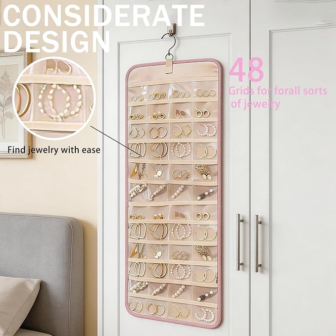 LAKSMI Large Hanging Jewelry Organizer for Closet, Wall or Door, 48 Pockets & 21 Hooks for Earrings, Necklaces and Rings (Pink1)