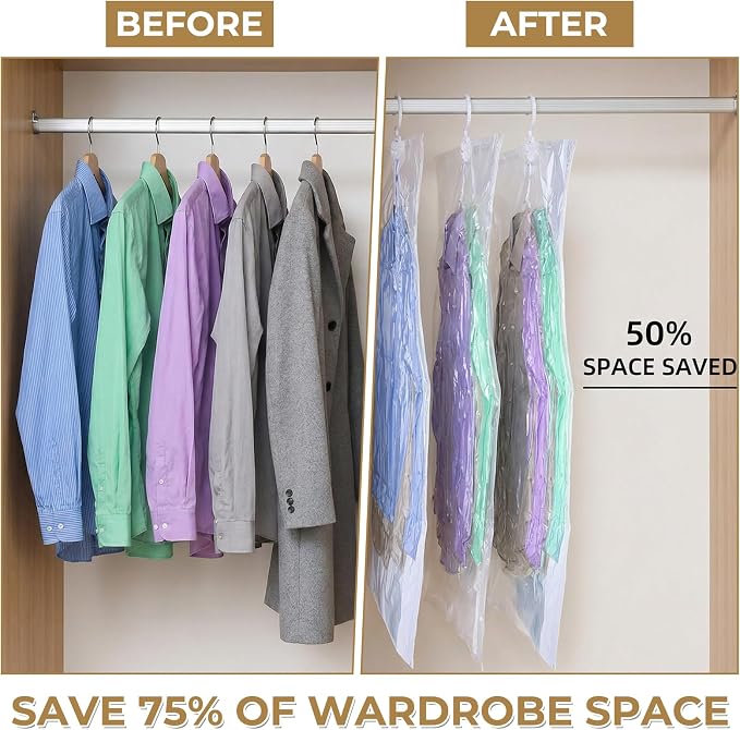 8 Pcs 43.3 x27.6 Inch Clear Hanging Vacuum Seal Bags for Clothing | Reusable Compressed Space Saver Vacuum Storage Bags Vacuum Seal Storage Bag for Closet Organizer Suits Dress Coats Jackets