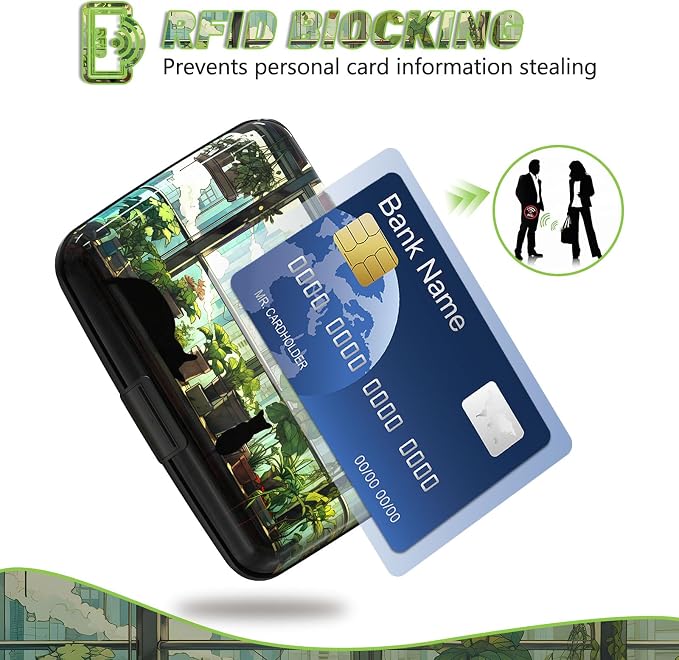 Credit Card Holder, Business Card Case Mini RFID Small Aluminum Card Wallet | RFID Blocking Front Pocket Wallet Hard Case Durable Blocking Slim Metal CC Holder, Cute Green Japanese Kawaii Cat