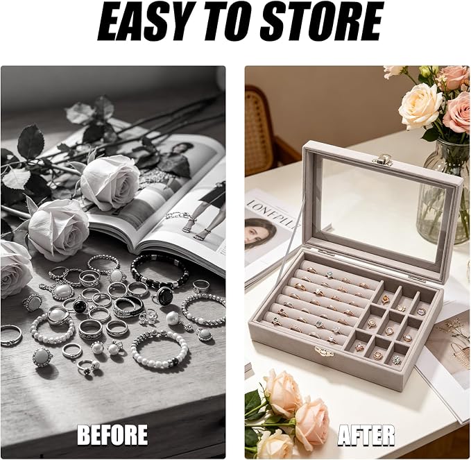 Small Velvet Jewelry Tray with Clear Lid, Lockable Ring Earring Holder Organizer Storage Box Case Jewelry Box Organizer for Rings Earrings Bracelets Brooches, 2-in-1 Gray
