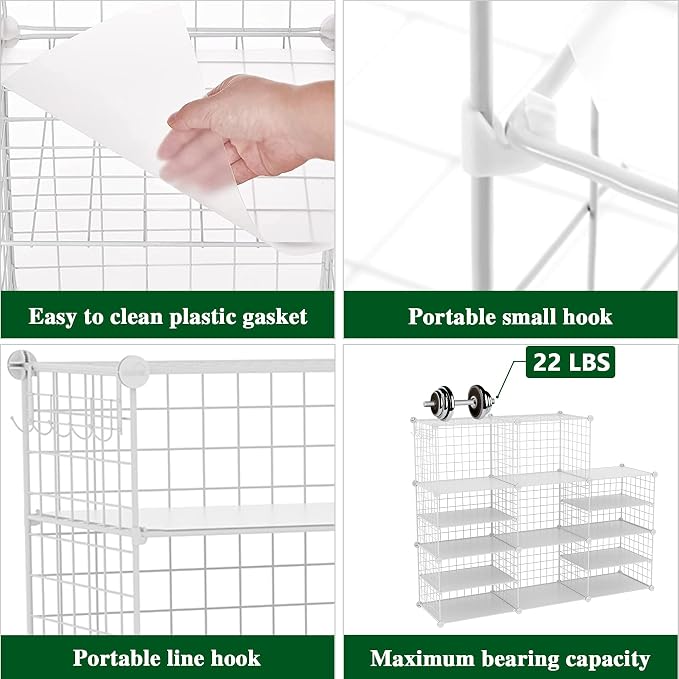 C&AHOME Wire Cube Storage Unit,Interlocking Metal Wire with Divider, White | Modular Cabinet with Plastic Panels Bookshelf Stackable Closet Organizer with Small Hooks
