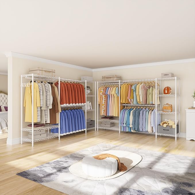Golpart Heavy Duty Clothing Rack with Adjustable Shelves Clothes Wardrobe | Coat Rack Metal Closet Organizer and Storage Garment Rack for Hanging Clothes Wire Portable Cloth System Free Standing White
