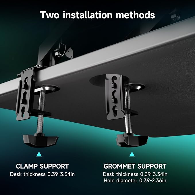 Pholiten 2 in 1 Laptop Desk Mount with Gas Spring Arm, Monitor Laptop Stand for 12-17 Inch Notebook and 13-32 Inch Computer Screen, Holds 22lbs, Full Motion with Vented Tray