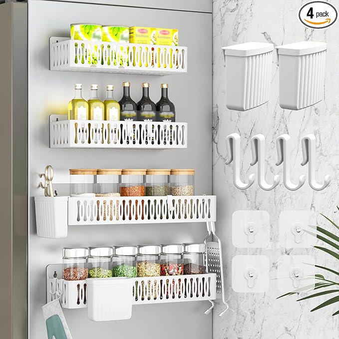 Sevenblue 4-Pack Magnetic Spice Rack for Refrigerator with Hooks, White | Strong multipurpose magnetic shelf for kitchen & bathroom organization. Includes 4 removable hooks for hanging items.