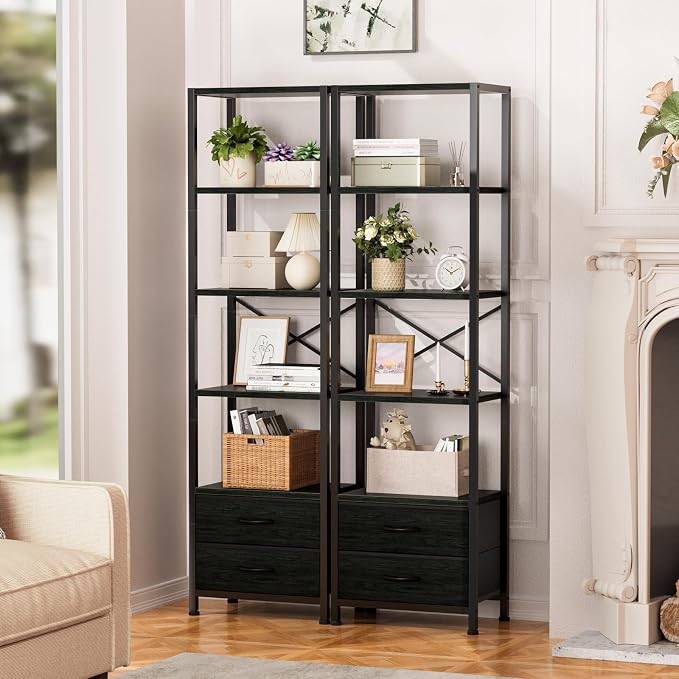 Furnulem 5-Tier Tall Corner Shelf, Narrow Bookshelf with Drawers | 65.16" H Black Bookcase,Fabric Bins and Metal Frame,Wood Display Shelf for Bedroom,Living Room,Home Office. Easy to Assemble