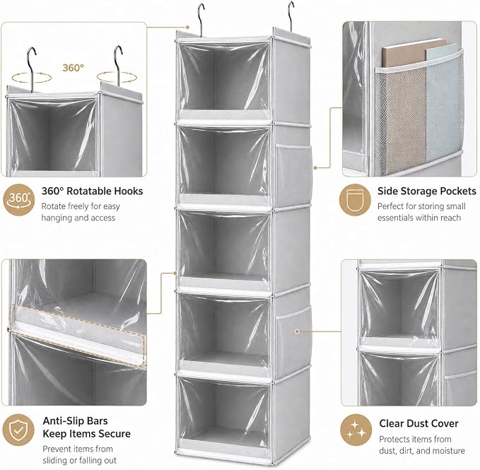 Vailando Hanging Closet Organizer – 5 Shelf Closet Hanging Storage Shelves with Clear Dust-Proof Covers for Clothes, Shoes, Purses, Gray