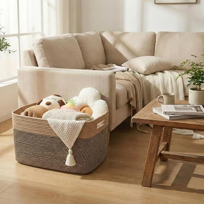 JMvicyroam Woven Blanket Basket,65L Large Storage Bin for Blankets Toys Clothes,Decorative Rope Basket for Living Room Bedroom with Handles, Jute&Black