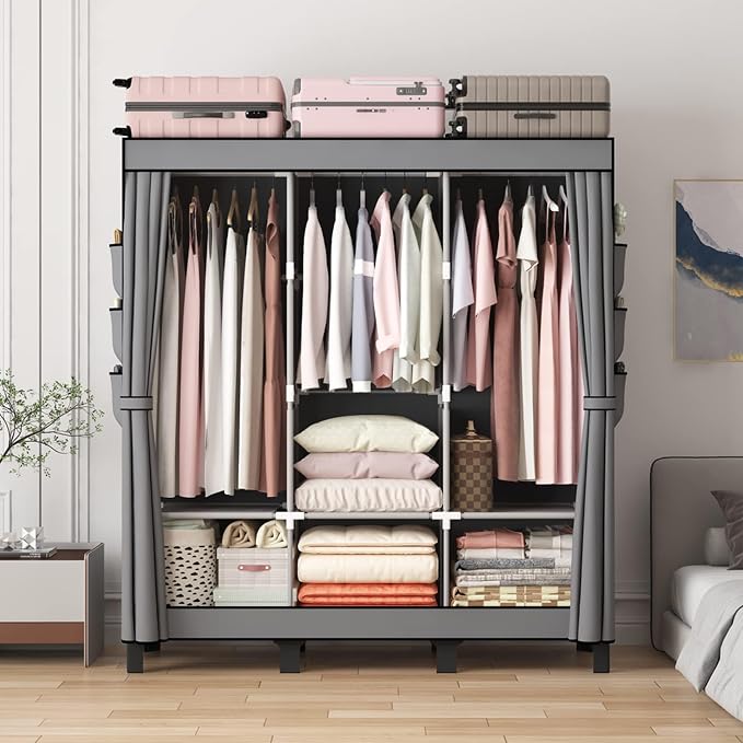 Portable Closet Wardrobe Closet for Hanging Clothes with 3 Hanging Rods for Bedroom, Non-Woven Fabric Clothes Closet for Living Room Easy Assemble