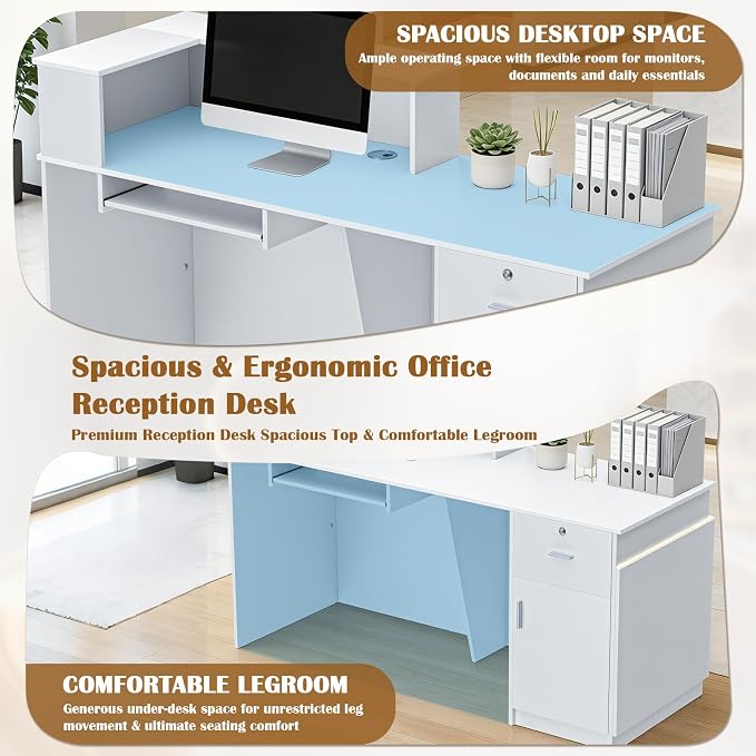 L-Shaped Reception Desk, Modern White High Gloss Front Desk with LED Lights, Lockable Drawer & Storage Cabinet, Keyboard Tray & Cable Management for Office, Beauty Salon & Retail Store
