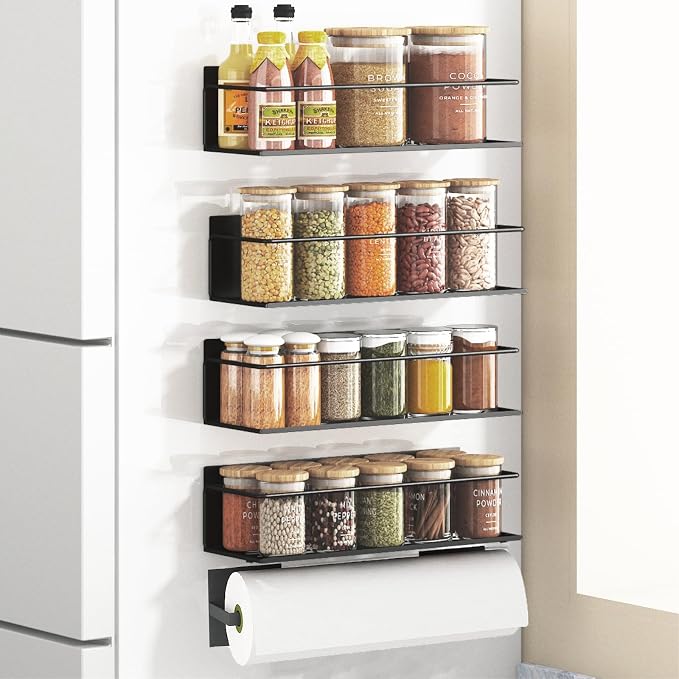 Magnetic Spice Rack For Refrigerator, Magnetic Fridge Shelf For Kitchen, Magnetic Shelf For Fridge Space Saving Black 4 Pack With Magnetic Paper Towel Holder