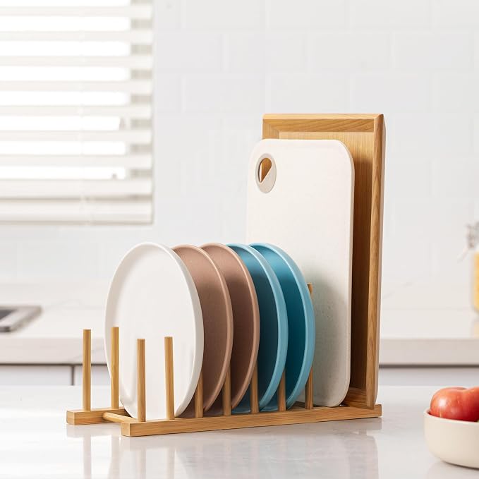 HBlife Heighten Bamboo Wooden Dish Drying Rack Plate Pot Lid Organizer | Plate Bowl Cup Book Pot Lid Cutting Board Stand, Drainer Storage Holder Organizer, For Kitchen Cabinet, 8 Slots