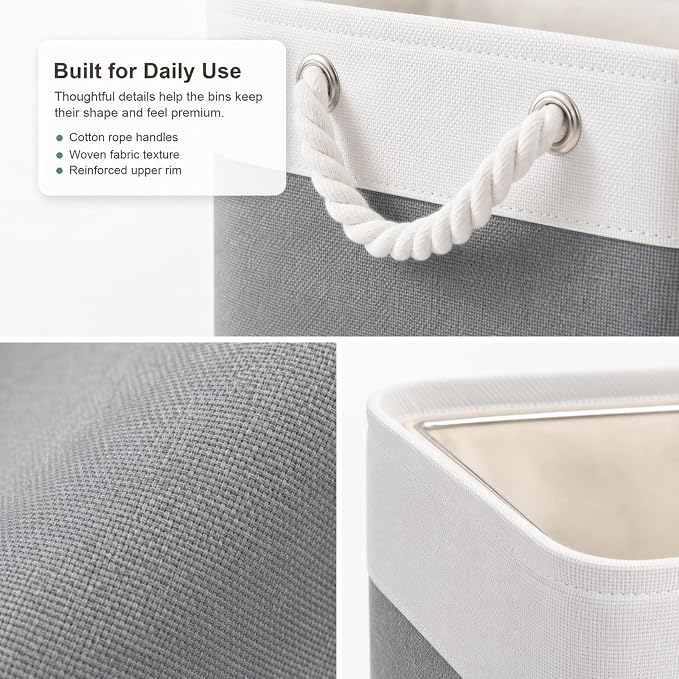 11x11 Inch Cube Storage Bins, 8 Pack Collapsible Fabric Storage Cubes with Rope Handles, Waterproof Foldable Storage Baskets for Cube Shelves, Closet, Clothes, Toys, Books, White & Gray