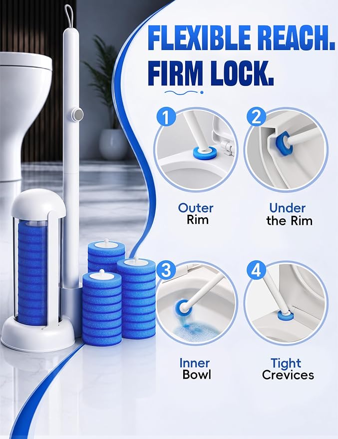 Toilet Brush Kit, Disposable Toilet Bowl Cleaner Brush with Blue Replacement Heads, Press-Button Wand and Self-Closing Freestanding Holder (Toilet Brush + 63 Refills)