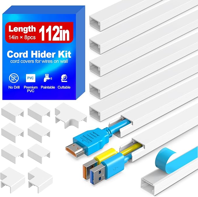 112in Cord Hider Kit, Cord Covers for Wires on Wall, Premium One-Cord Cable Hider, Paintable Cable Raceways, Self-Adhesive Wire hiders for TV, 8×L14in×W0.59in×H0.4in, White