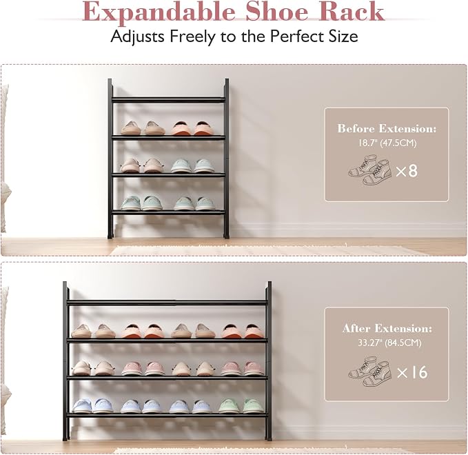 Bumusty 4-Tier Expandable Shoe Rack for Closet, 18“-33” Adjustable Shoe Rack for Small Space, Small Shoe Organizer for Front Door, Sturdy Metal, Light Grey