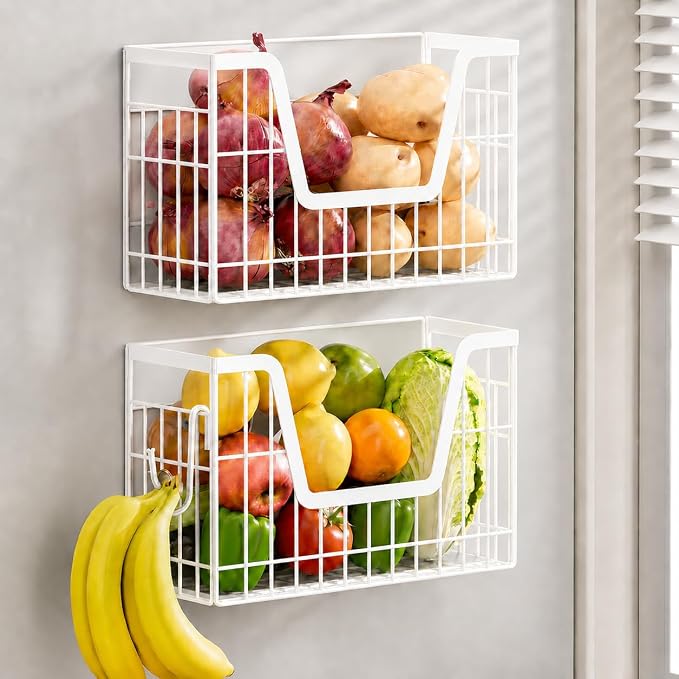 UFORU 2 Set Magnetic Shelf for Fridge, Magnetic Fruit Basket for Refrigerator, Potato Onion Storage Bins with Strong Magnets, Fridge Magnetic Spice Rack for Pantry Kitchen Counter Laundry Room, White