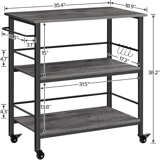 HOOBRO Kitchen Island with Storage,Industrial Kitchen Island on Wheels and Side Enclosures, 3 Tier Kitchen Cart with Large Workstation, Stable, Easy Assembly, Charcoal Gray and Black BC03ZD01