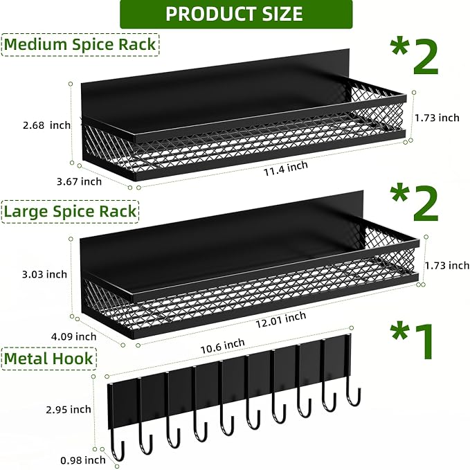 Magnetic Spice Rack for Refrigerator, 5 Pack Magnetic Shelf for Refrigerator, Moveable Fridge Magnetic Spice Racks with 10-Hook Rack for Kitchen Organizers and Storage