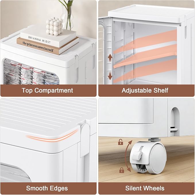 VECELO Narrow Bathroom Storage Cabinet with 2 Drawer, Foldable Storage Organizer with Movable Wheels and Adjustable Shelf for Small Space, Kitchen, Laundry, White