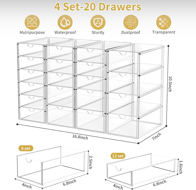 Acrylic Makeup Organizer with 20 Drawers, 4 Set Clear Storage Drawers, Acrylic Drawer Organizer and Storage for Desktop Office Supplies Make Up Pen Hair Accessories