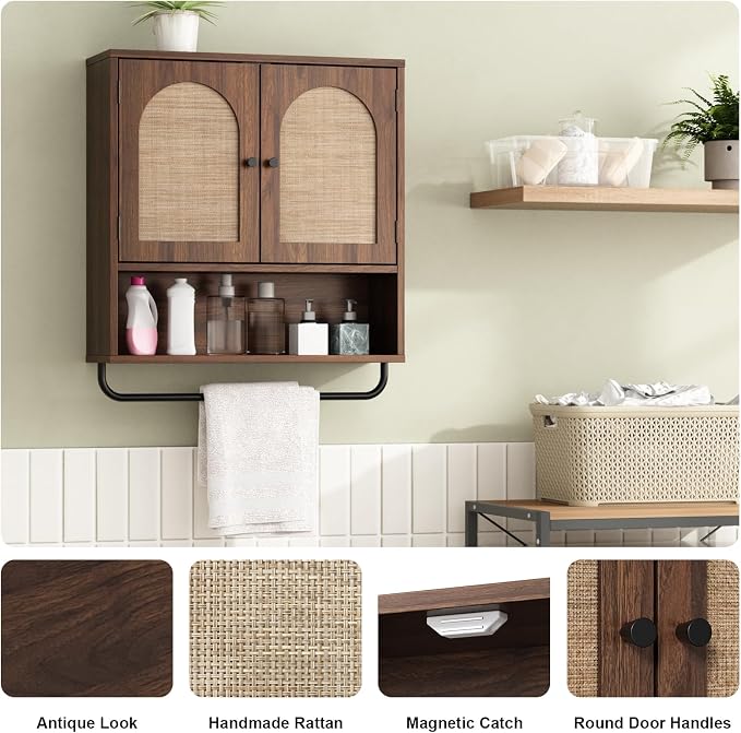 RUSTOWN Rattan Bathroom Wall Cabinet, Boho Medicine Cabinet with 2 Arched Doors, Farmhouse Over the Toilet Storage Cabinets with Adjustable Shelves & Towel Bar, 3-Tier Wall Mounted Cabinets