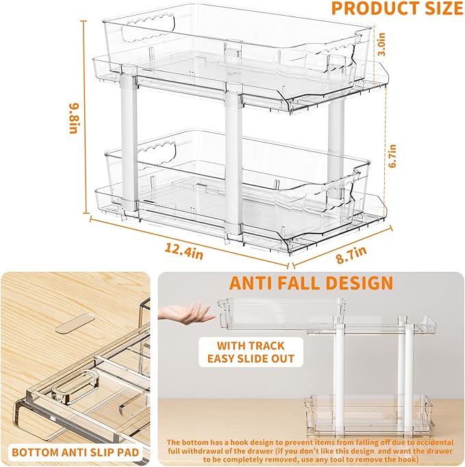 Yieach 2 Pack 2 Tier Under The Sink Organizer With Track,9.8 Inch Tall Bathroom Cabinet Organizer,Clear Under Sink Pull Out organizer for Kitchen,Vanity,Counter,Vanity,Medicine,Makeup,Hair Products