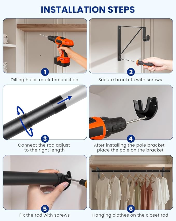 Supforce Adjustable Closet Rod with Triangular Brackets, 17-39in, Black | 1.3in Metal Closet Rod Supports Up To 150 lb, Heavy Duty Rod Reduces Sagging and Mount Securely for Wardrobes Closet Laundry