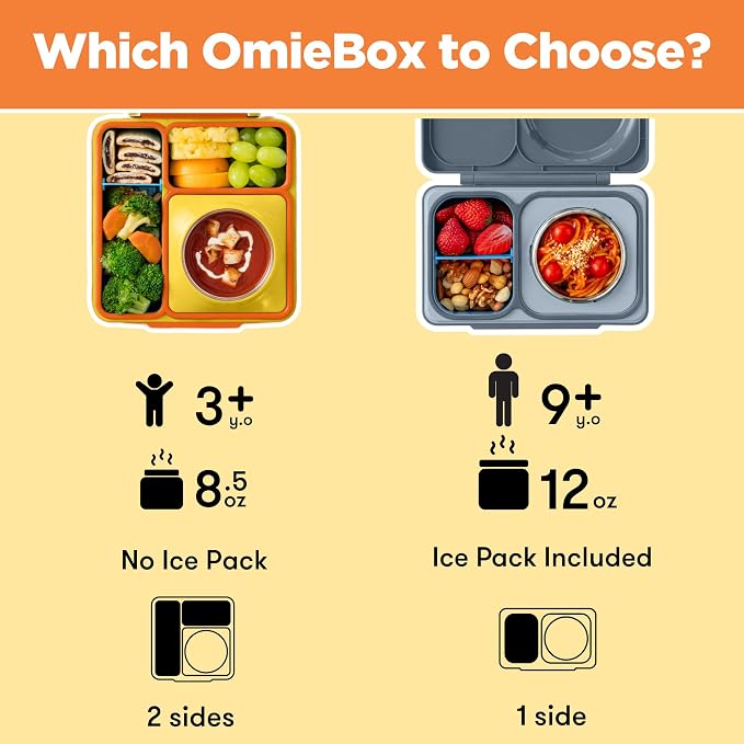 OmieBox Bento Box for Kids - Insulated Bento Lunch Box with Leak Proof Vacuum Insulated Food Jar - 3 Compartments, Two Temperature Zones (Sunshine)
