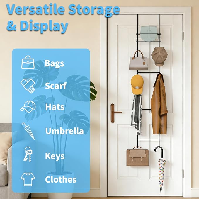 Over The Door Purse Organizer, Handbag Organizer Wall Mounted Purse Rack with 16 Hooks & Metal Basket, Hanging Handbag organizer Holds 16 Bags, 2 in 1 Dual Use for Door & Closet