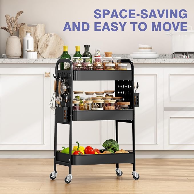KINGRACK 3 Tier Rolling Cart with DIY Pegboard, Metal Utility Cart with Wheels, Hooks & Baskets, Sturdy Storage Organizer for Craft, Bathroom, Kitchen, Office, Nursery, Classroom
