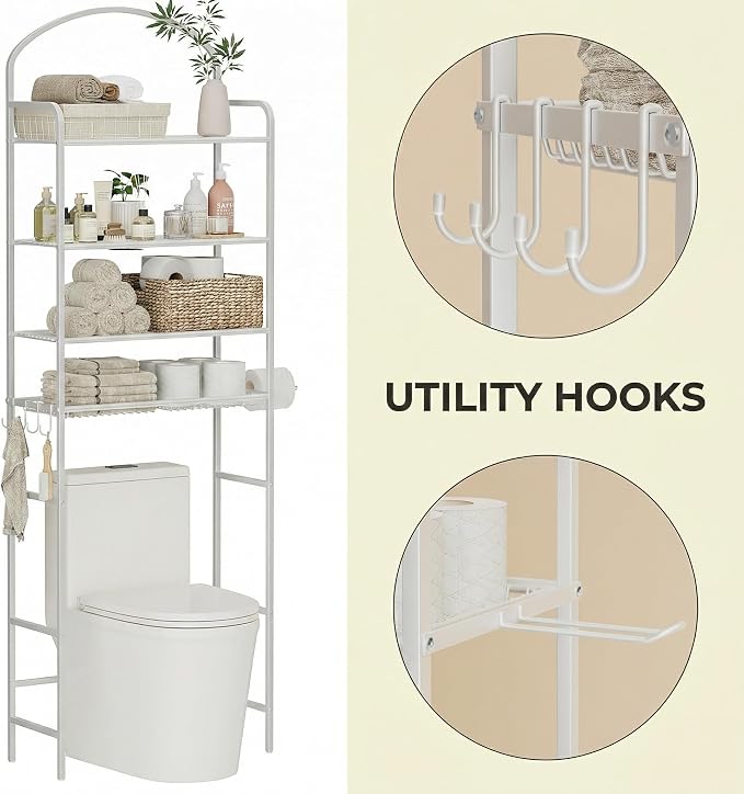 4-Tier Over The Toilet Storage, Bathroom Organizer | Space-Saving, 72"H Above Toilet Storage Rack with 4 Hooks and Paper Holder, Metal Shelf, White