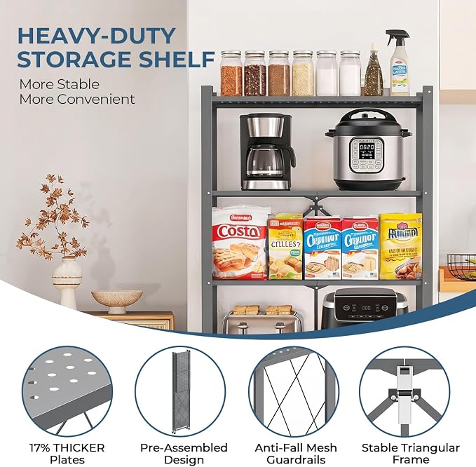 Upgraded 18% Thickened Portable 5-Tier Foldable Storage Shelves with Wheels Heavy Duty Storage Shelf Collapsible Shelves Unit Display for Garage Storage Kitchen Pantry & Closet Organizer
