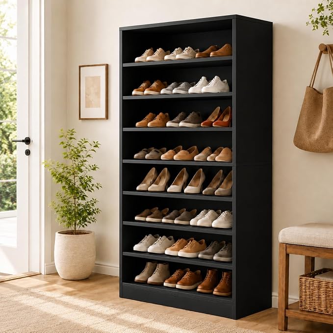 Homieasy 9-Tier Tall Shoe Rack Cabinet for Closet & Entryway, Black | Wooden Narrow Shoe Organizer Cabinet with Adjustable Shelves, Freestanding, for Bedroom, Hallway