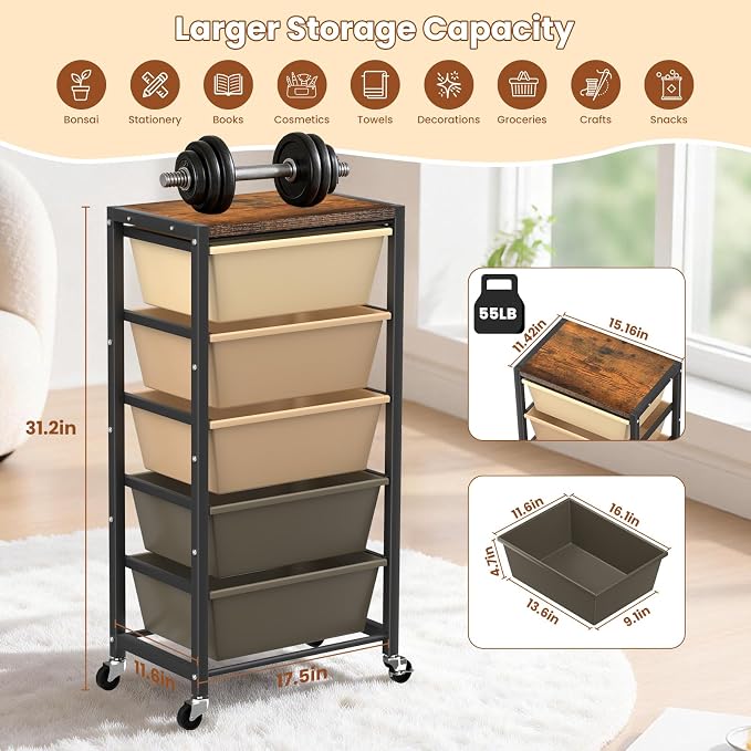 Rolling Cart with 5 Drawers, Plastic Drawer Storage Carts with Wheels & Wooden Tabletop, Metal Utility Cart for Office Bedroom Living Room Classroom, Craft Organization and Storage, Brown