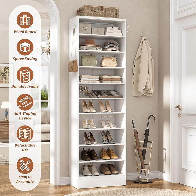 Aheaplus Tall Shoe Cabinet, 10 Tiers Narrow Wood Shoe Rack, Shoe Storage Organizer with Open Storage, Vertical Shoe Shelf Tower for 20-22 Pairs, Space Saving, for Closet, Entryway, Bedroom, White