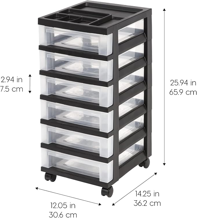 IRIS USA 2 Pack 6-Drawer Plastic Storage Rolling Organizer Cart with Caster Wheels for Laundry Room, Bathroom, or Closet Dresser Storage, Black/Clear