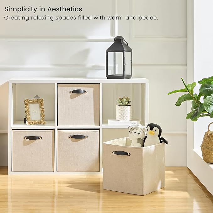 Cube Storage Bins | 13"x13"x13", Beige, 6 Pack | Multi-Size | 2X Thick Support Board | Vegan Leather Handles | 7.7 oz/yd² Fabric | 13"x13" Drawer Insert Basket
