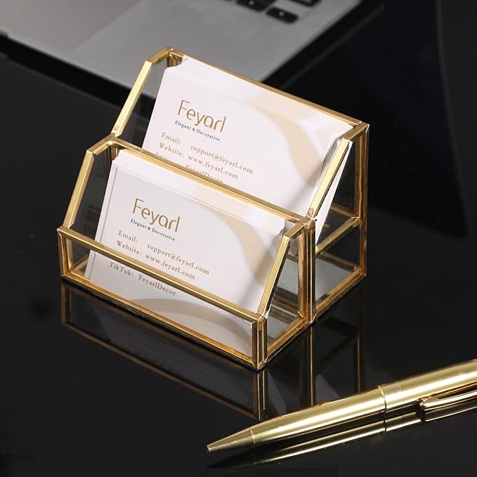 Feyarl Gold Glass Business Card Holder 2 Slots Name Cards Display Stand Business Cards Organizer Storage for Office Meeting Front Desktop Countertop