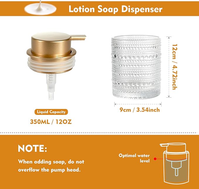 12oz Glass Liquid Soap Dispenser with Gold Pump, Hand Soap Bottles | Clear refillable bottle for bathroom hand soap, liquid, lotion. Cute decorative glass container. Easy to refill and clean