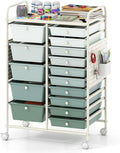 Giantex 15 Drawer Storage Cart, Rolling Craft Cart with Metal Tabletop & Pegboard, Mobile Utility Organizer Trolley with Locking Wheels, Home Office, Classroom, Teacher Supplies, Green Gradient