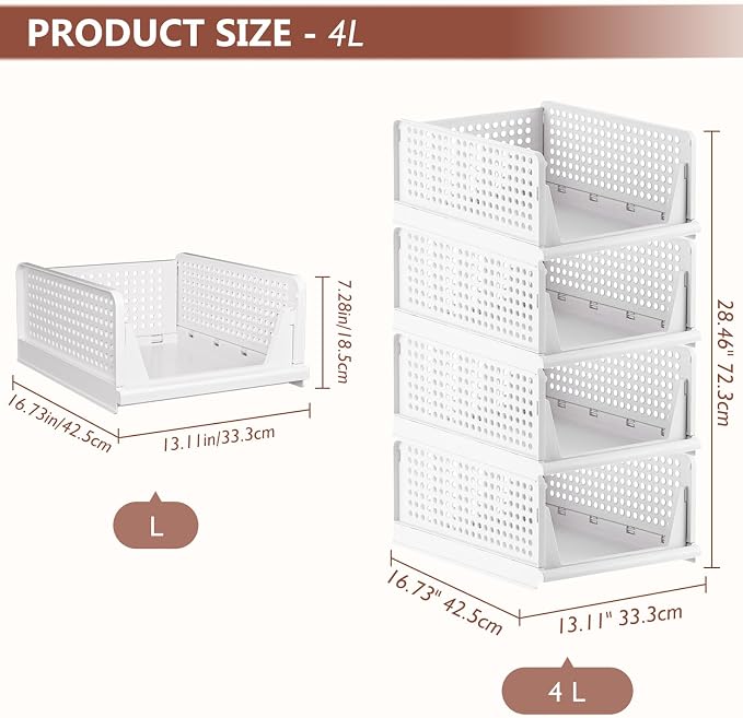 CTSNSLH 8 Pack Closet Organizers Stackable Storage Box | White stackable plastic drawer bins for closets, wardrobes, kitchens, bathrooms, offices