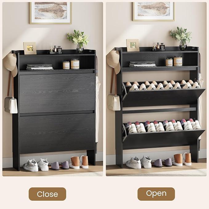 Shoe Cabinet Organizer with 2 Flip Drawers，Freestanding Shoe Rack Cabinet, Shoe Cabinet Storage for entryway, Foyer, Hallway, Black, 31.5" W