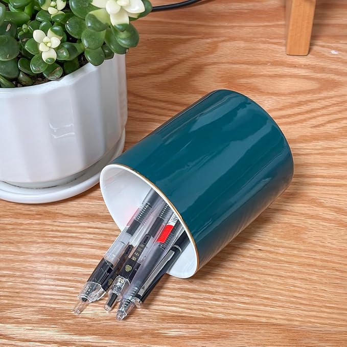 HANKOR Ceramic Pencil Holder for Desk - Cute Gold Trim Pen Aesthetic Makeup Brush Cup Holder Organizer for Desktop Storage Stationery Office Home Supplies (Green)