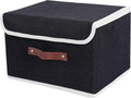 ANMINY Storage Bin with Lid Storage Boxes with PU Leather Handles PP Plastic Board Decorative Foldable Lidded Cotton Linen Fabric Home Cubes Baskets Closet Organizer Container - Black, Medium