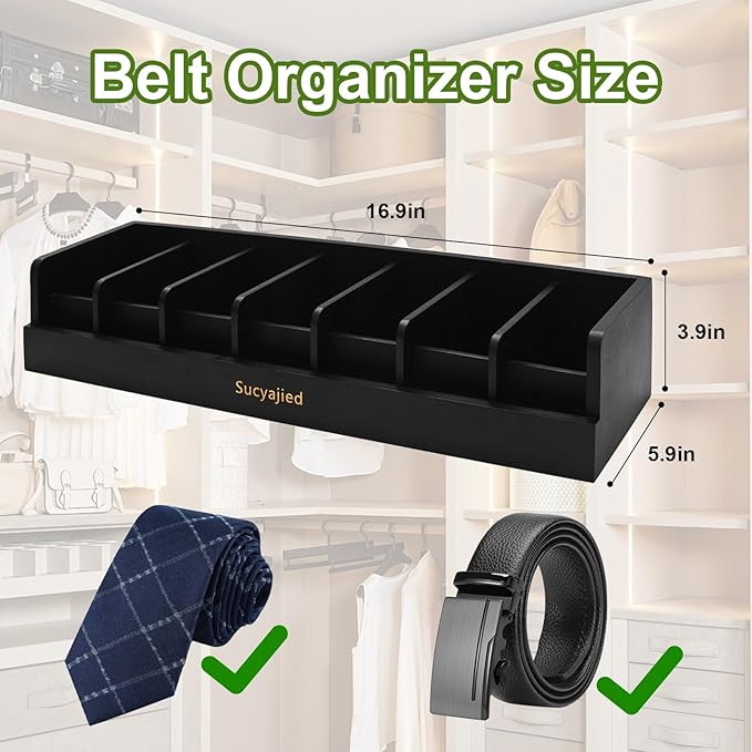 Belt Organizer, Black, 7 Compartments | Natural Bamboo Belt Storage Box, For Closet and Drawer, Belt Holder Case, For Belt and Tie , For Men & Women