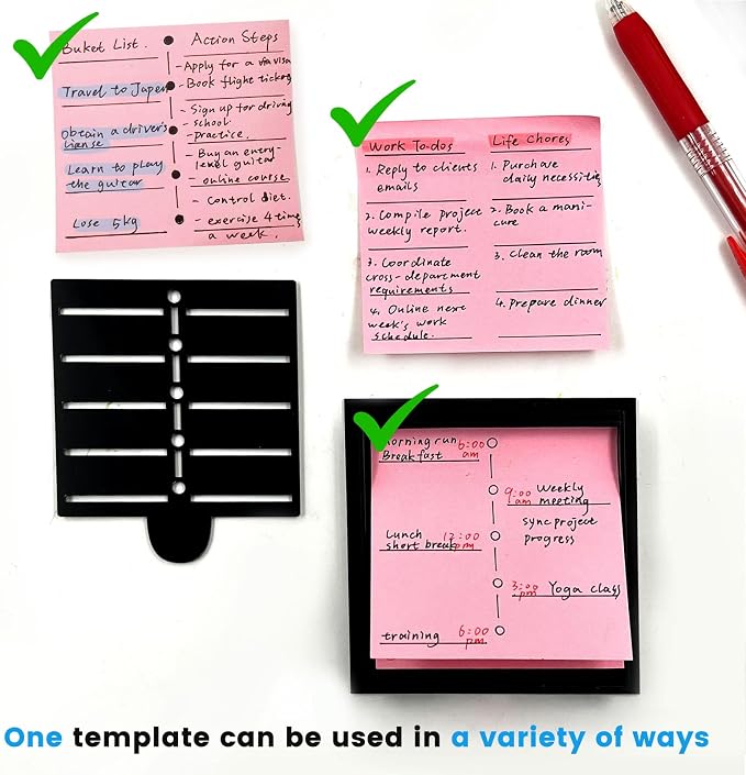 Daily Treasures Sticky Note Holder with 3 Reusable Stencils, Acrylic Post It Note Holder for 3x3 inch Sticky Notes, Multi-Template (Daily/Weekly/Goals/Meal/to Do List) Desk Organizer for Office Home