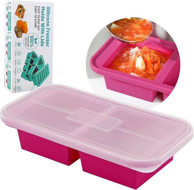 SHIKORI Silicone Freezer Trays with Lid,4-cup Soup Freezer Container large Ice Cube Molds with Reinforced Steel Ring Top for freezing Soup Sauce Broth Leftovers oven Dishwasher-Safe (Cranberry-2 Cup)