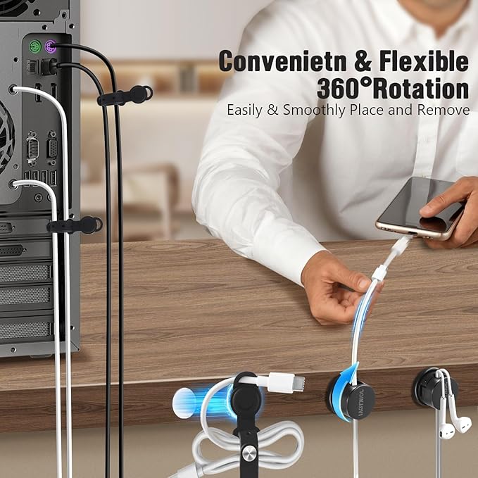 6 Desktop Cord Organizer Rotatable Spring 5 Magnetic Cable Clips Cord Holder for Nightstand Phone Charger Organizer Computer Desk Cable Management Electronics Appliance Adhesive Wire Strap Keeper Tie